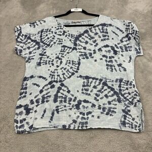 BELLAMBRA Linen Top Womens S Blue Tie Dye Boxy Scoop Neck Dolman Sleeve Italy